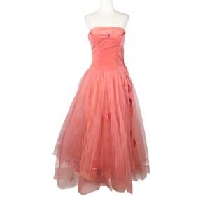 Vintage 50s Strapless Coral Pink Tulle Velvet Leaf Applique Formal Prom Dress XS